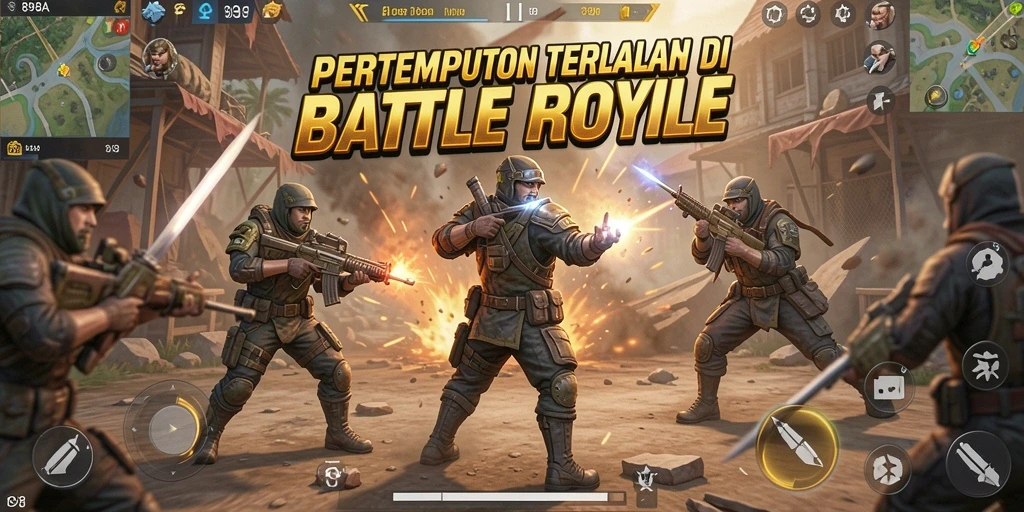 Screenshot utama 898A menampilkan momen pertempuran seru dalam Battle Royale.