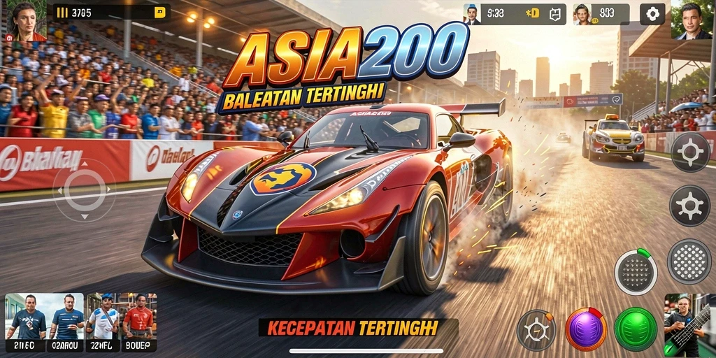 Tangkapan layar gameplay ASIA200 menampilkan aksi balapan yang mendebarkan.