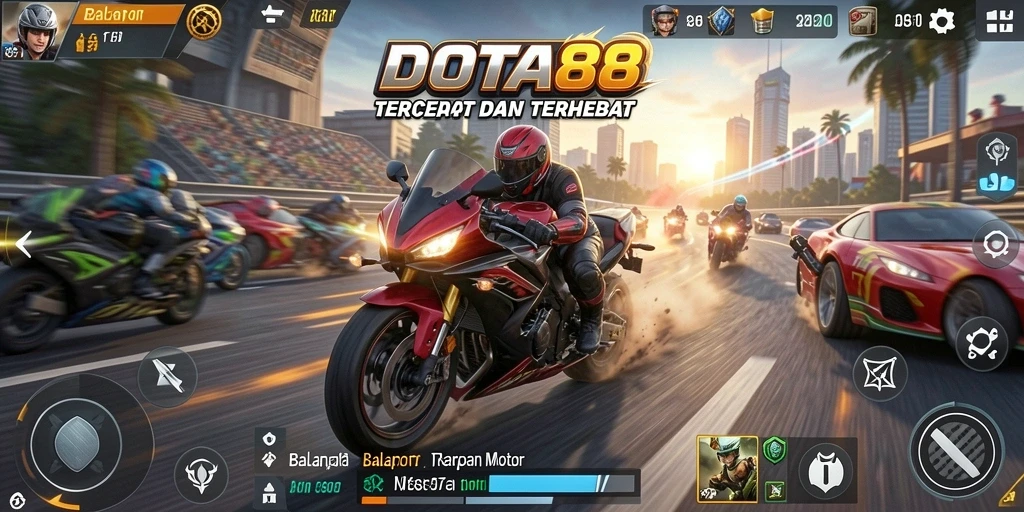 Screenshot utama DOTA88 menampilkan aksi balapan motor yang seru.