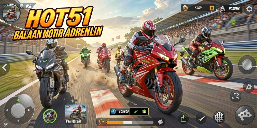 Tangkapan layar utama HOT51 menampilkan gameplay balapan motor yang seru.