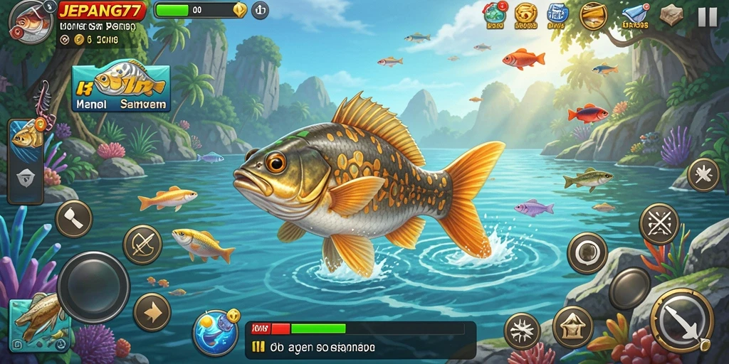 Tangkapan ikan yang megah di JEPANG77, menunjukkan gameplay memancing yang seru.