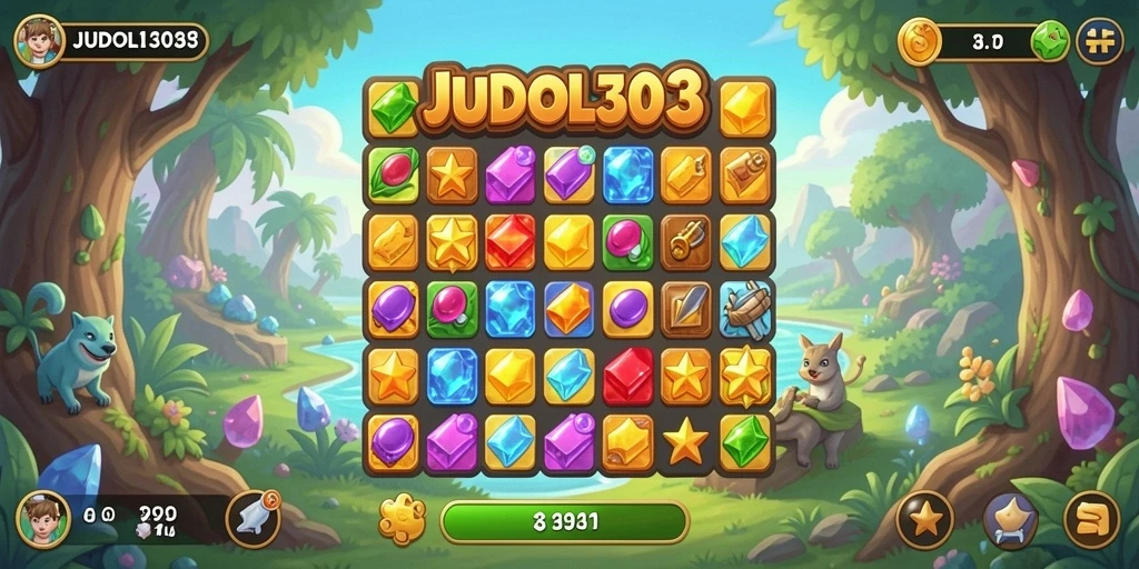 Screenshot gameplay JUDOL303 menampilkan elemen Match-3 yang ceria.