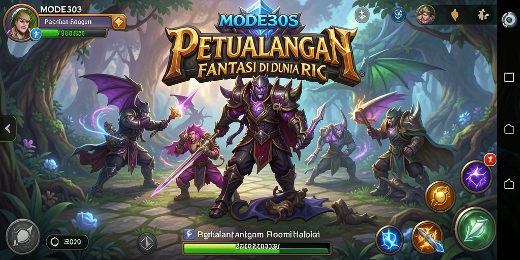 Screenshot utama MODE303 menampilkan aksi pertempuran yang seru dan karakter menarik.