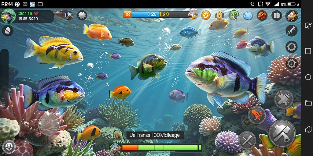 Screenshot gameplay RR44 menampilkan aksi menembak ikan yang dinamis.