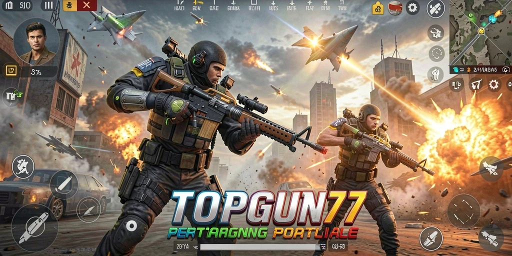 Gameplay seru Battle Royale di TOPGUN77, pertarungan intens di medan perang.