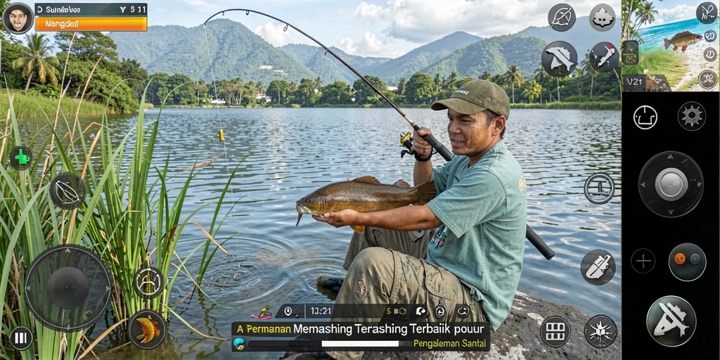 Tampilan screenshot menunjukkan pemain menangkap ikan di danau cantik.